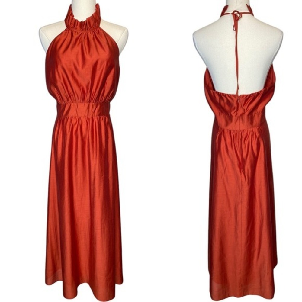 Banana Republic Halter Midi Dress Ruffle Neck Resort Wear Wedding Guest Orange 4 - Picture 2 of 6